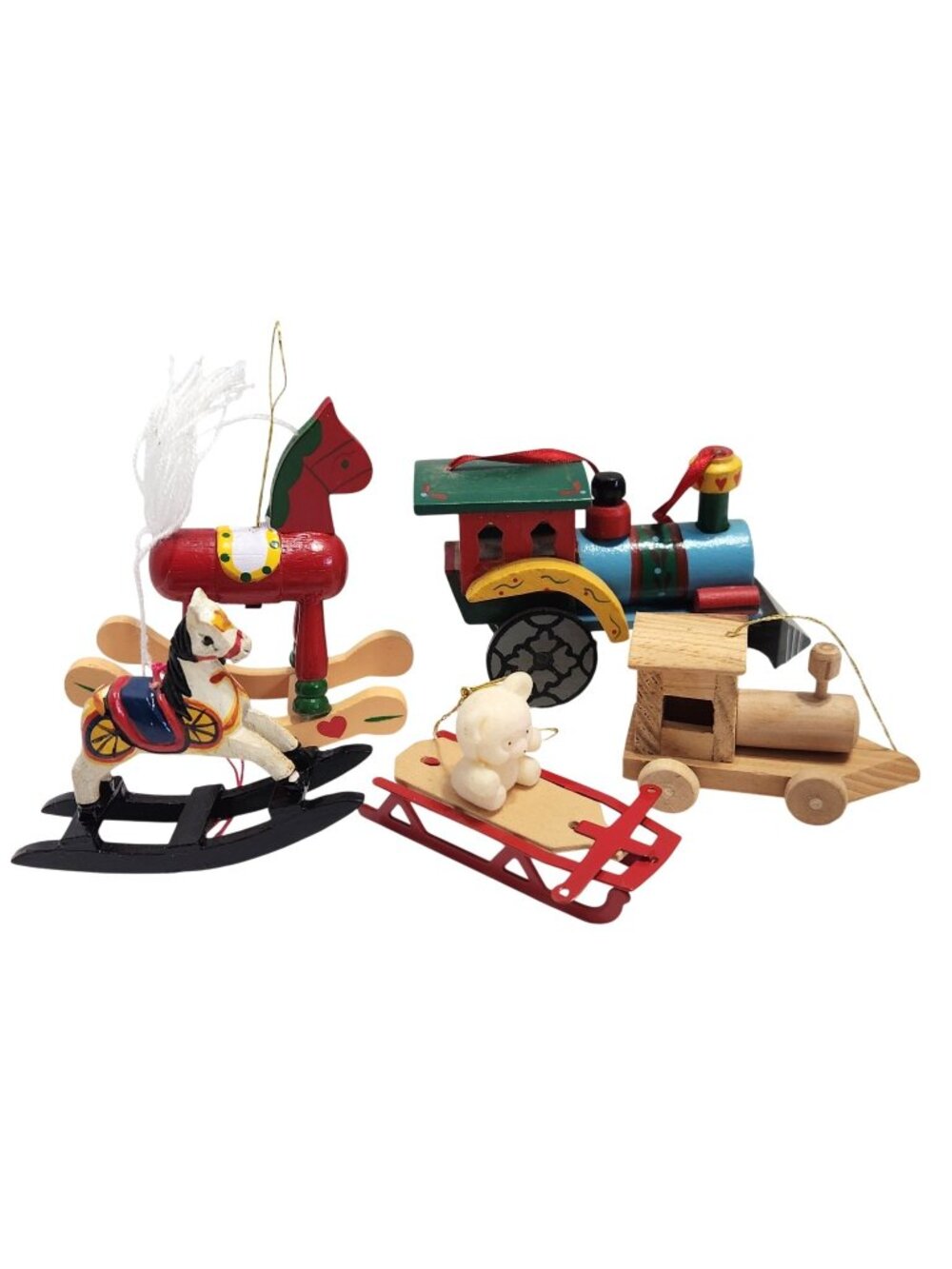 Set of 5 Wooden Christmas Ornaments Rocking Horses Trains Avon Sled Bear READ